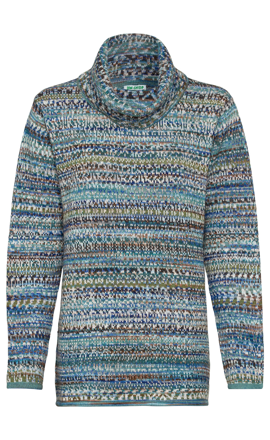 Alpaka-Pullover mit rollkragen, gemustert in Blau-, Grün- und Brauntönen, langärmlig, feines Strickmuster, locker geschnitten, warm und kuschelig, ohne sichtbare Verschlüsse, Label innen am Kragen sichtbar.