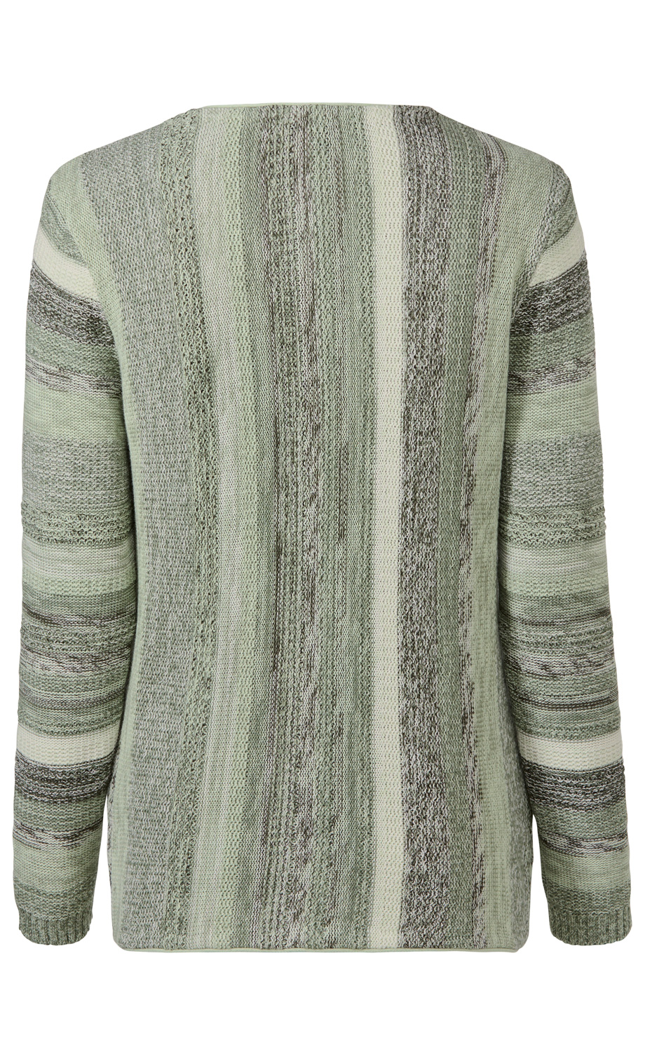 Baumwoll-Pullover, Rückansicht, langärmlig, gestrickt mit verschiedenen Strickmustern, horizontale und vertikale Streifen in Grün- und Grautönen, leicht taillierte Passform, gerippte Bündchen, keine sichtbaren Verschlüsse oder Verzierungen