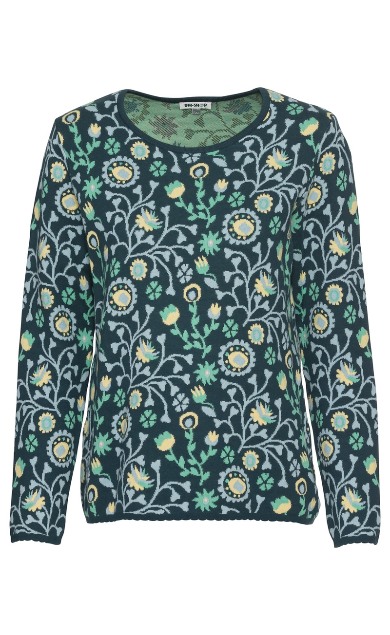 Baumwoll-Pullover mit rundem Halsausschnitt, langärmlig, dunkelgrün mit gelb-grünem und hellblauem Blumenmuster, leicht gewellte Saumkanten, eng anliegend, für Damen