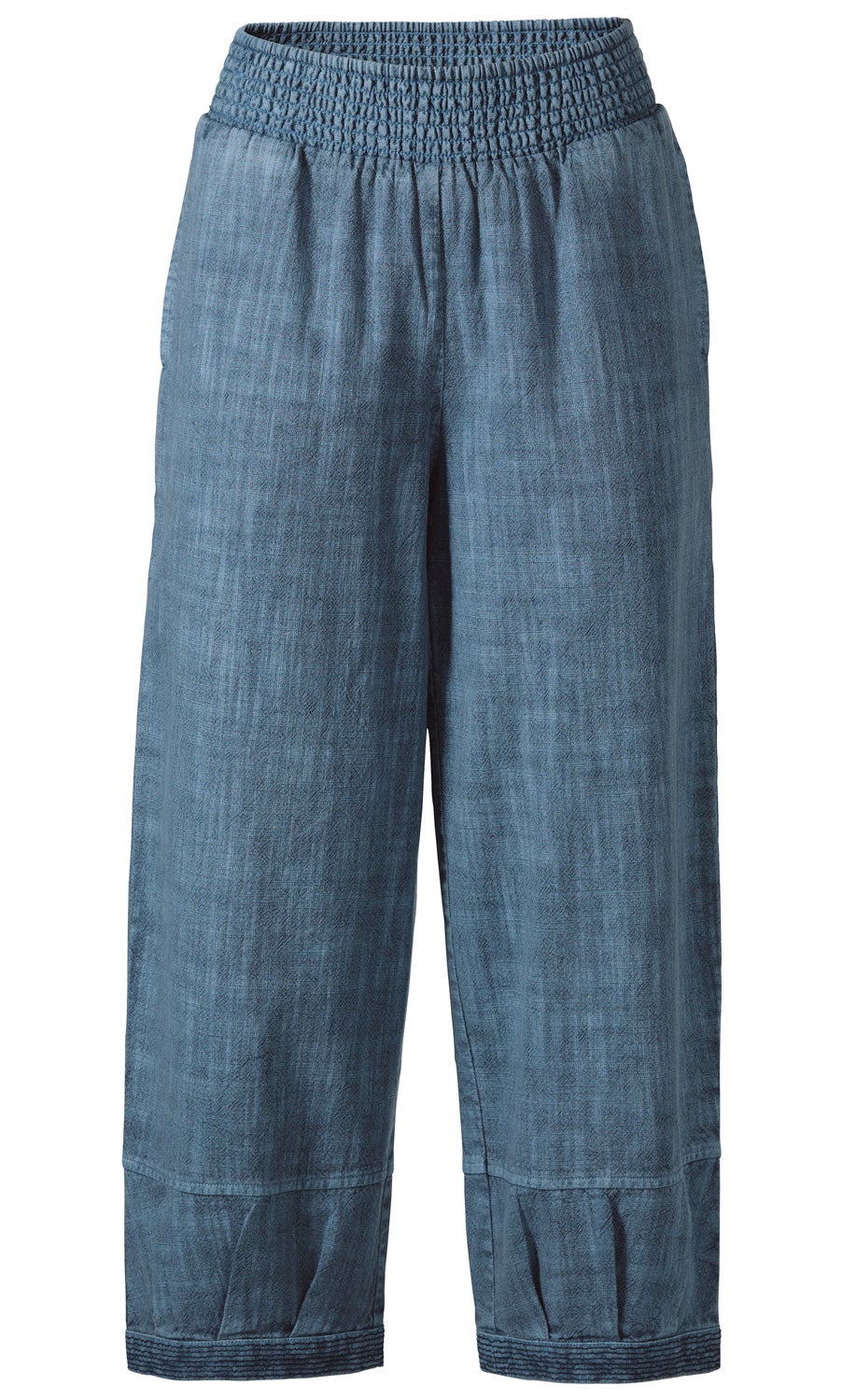 blaue Baumwoll-Hose mit elastischem Bund, weiter Beinverlauf, dezenter Karomusterstruktur und Raffungen am Saum