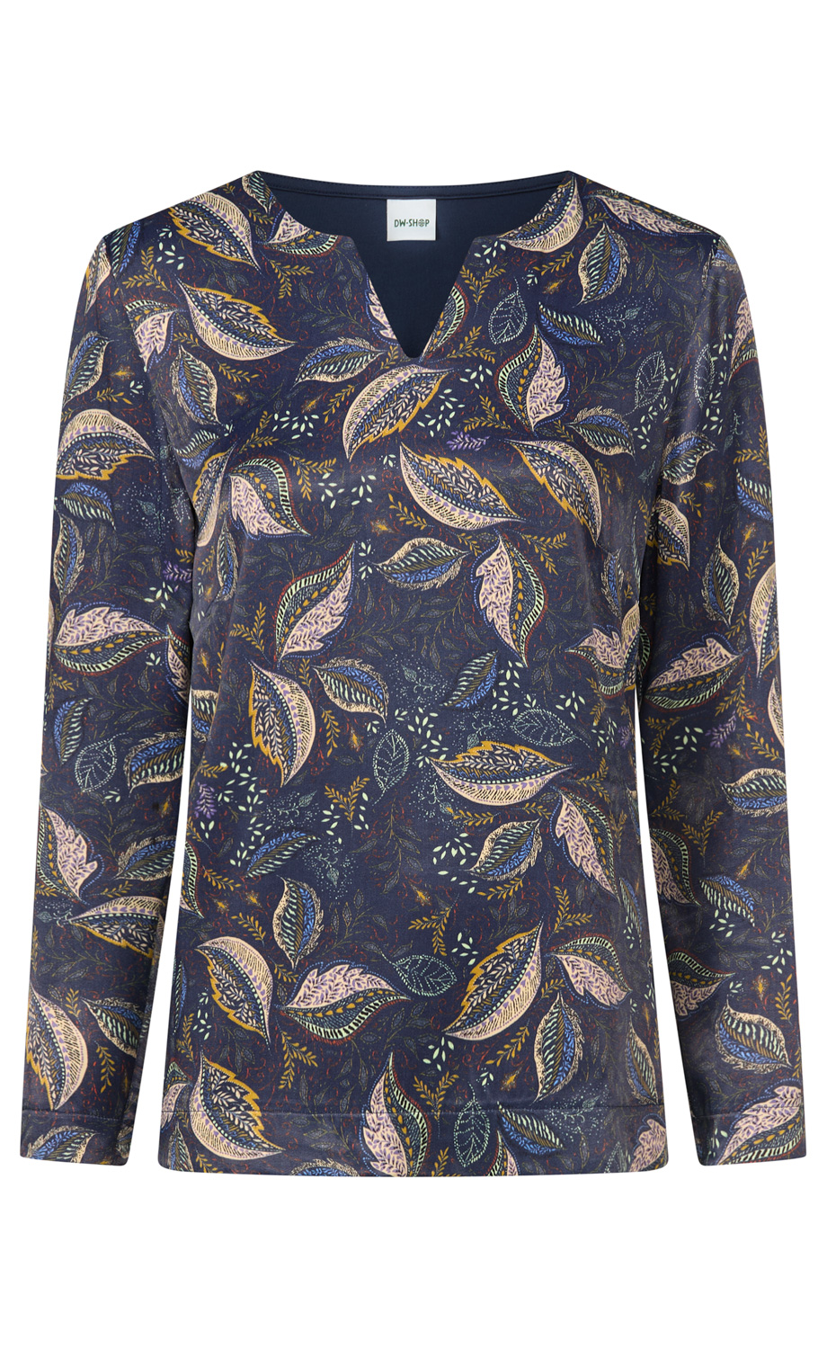 Damenlangarmshirt mit V-Ausschnitt, dunkelblauem Grundton und floralem Blattmuster in Pastellfarben wie Beige, Blau und Senfgelb, lockere Passform, leicht geraffte Bündchen