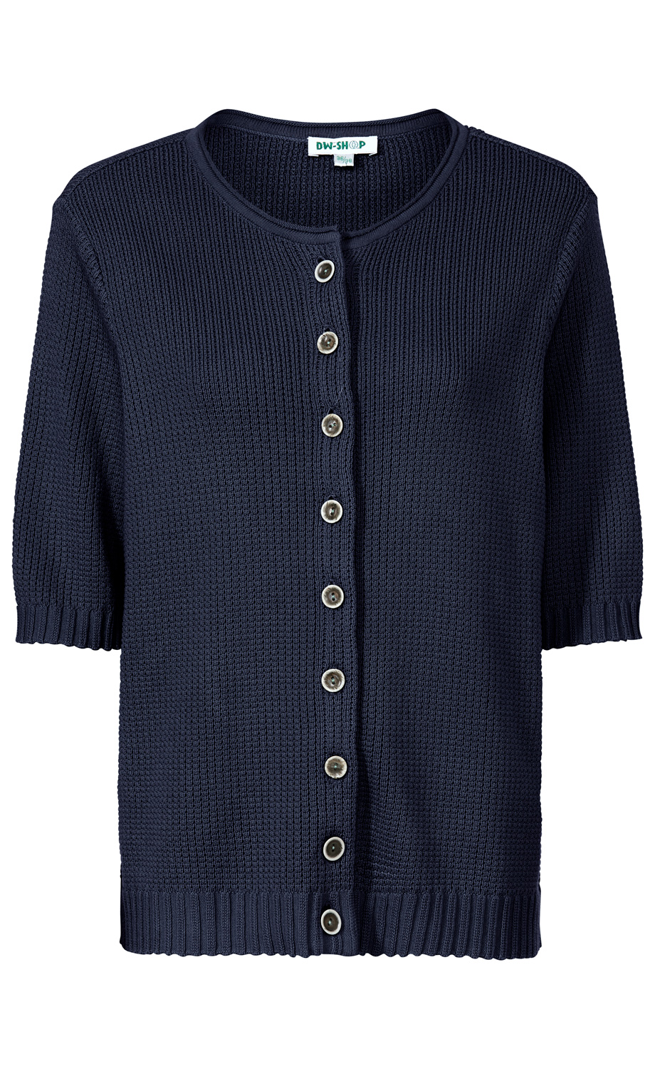 dunkelblaue Baumwoll-Strickjacke mit kurzen Ärmeln, Rundhalsausschnitt und durchgehender Knopfleiste mit zehn hellen Knöpfen, strukturierter Strickmuster, gerippte Bündchen unten und an den Ärmeln