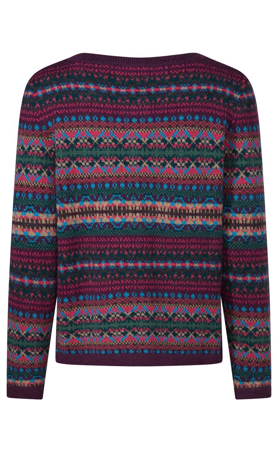 bunter gestrickter Pullover mit langen Ärmeln in dunklem Lila, Blau, Grün und Rot, mit geometrischem Norwegermuster