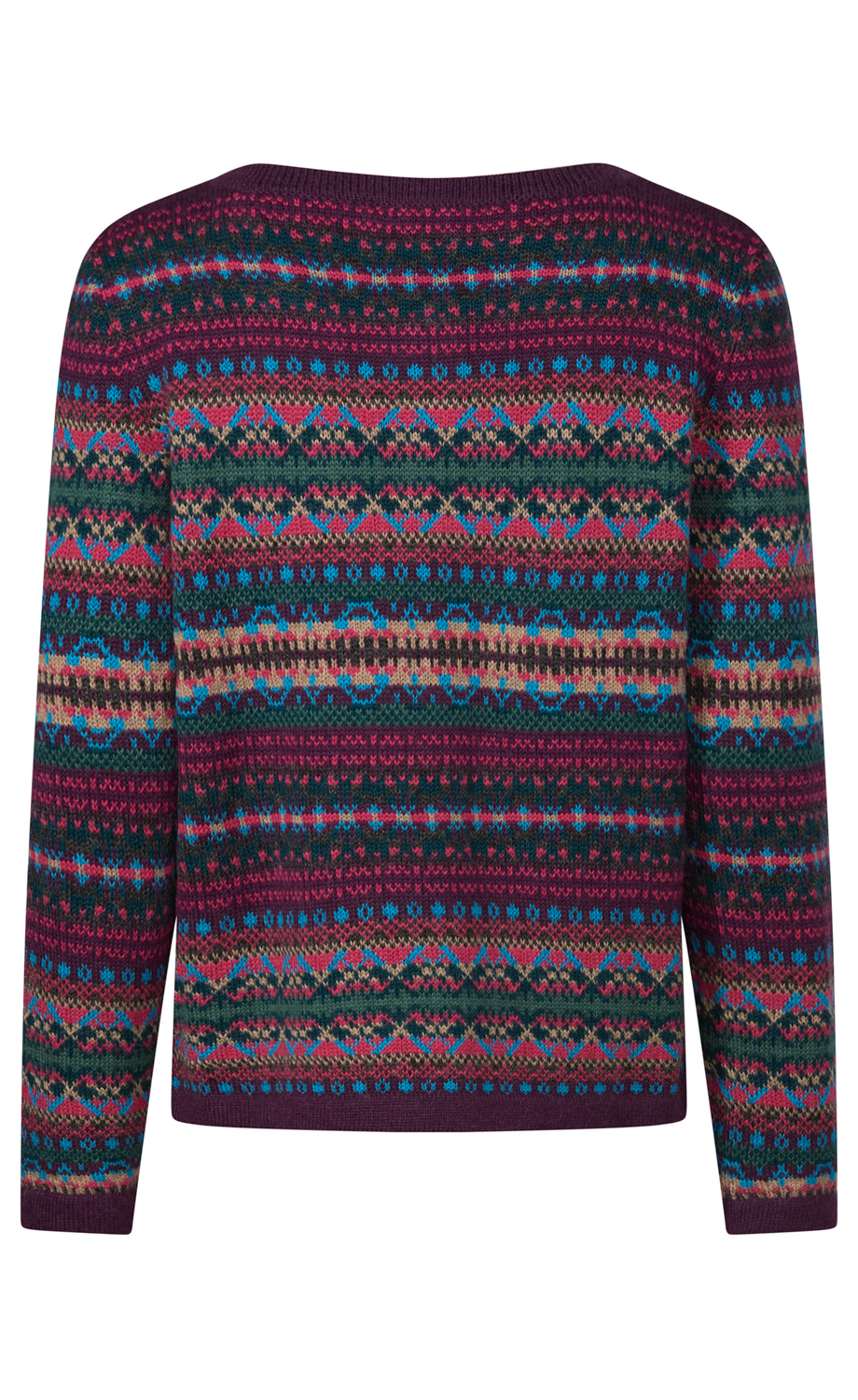 bunter gestrickter Pullover mit langen Ärmeln in dunklem Lila, Blau, Grün und Rot, mit geometrischem Norwegermuster