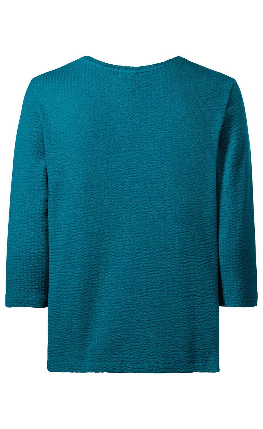Baumwoll-Mix-Shirt in Petrol, Rückansicht, strukturiertes Wabenmuster, 3/4-Ärmel, gerade Passform, Rundhalsausschnitt, schlichtes Design, angenehmer Baumwollstoff
