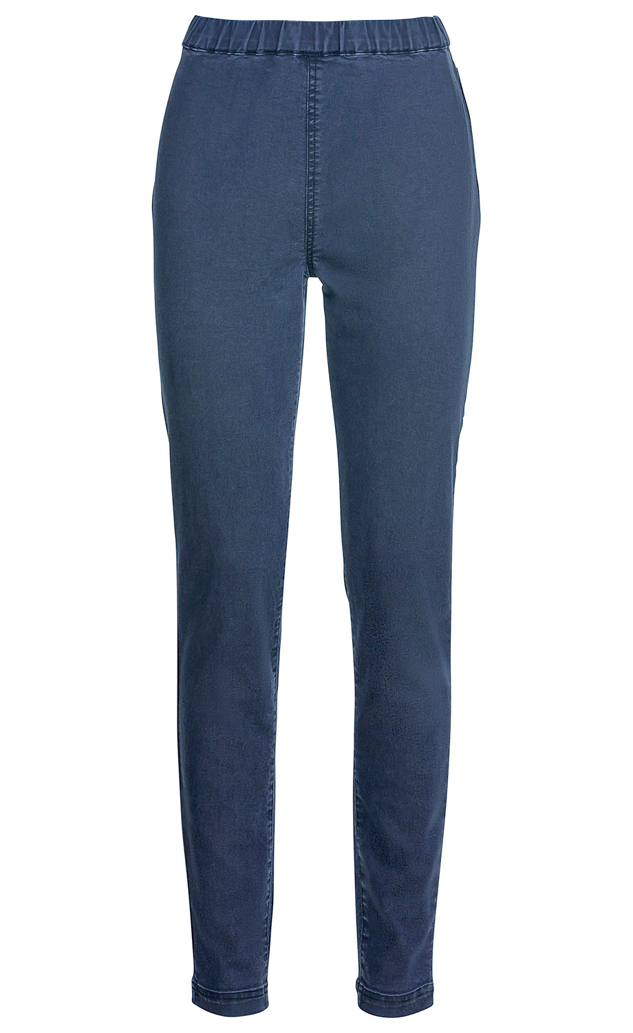 dunkelblaue Baumwoll-Mix-Hose mit elastischem Bund, schmaler Passform und ohne sichtbare Taschen, lange Beine