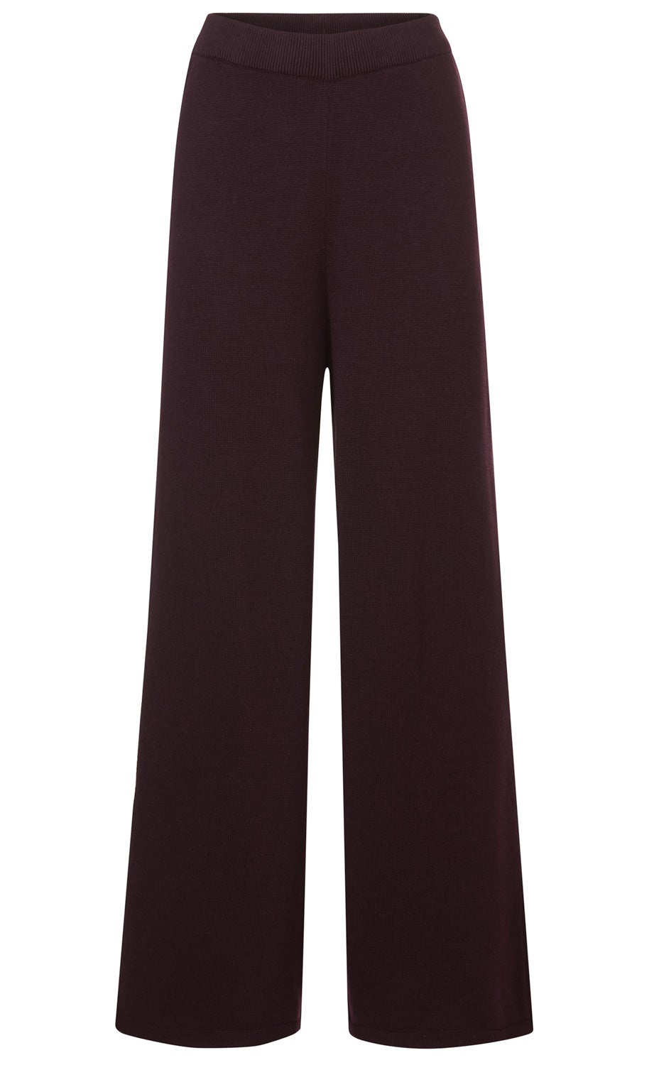 Dunkelviolette Baumwoll-Mix-Hose mit weitem Bein und elastischem Bund, ohne sichtbare Taschen oder Verzierungen, glatt gestrickt, lässiger Schnitt, knöchellang, schlichte Damenhose
