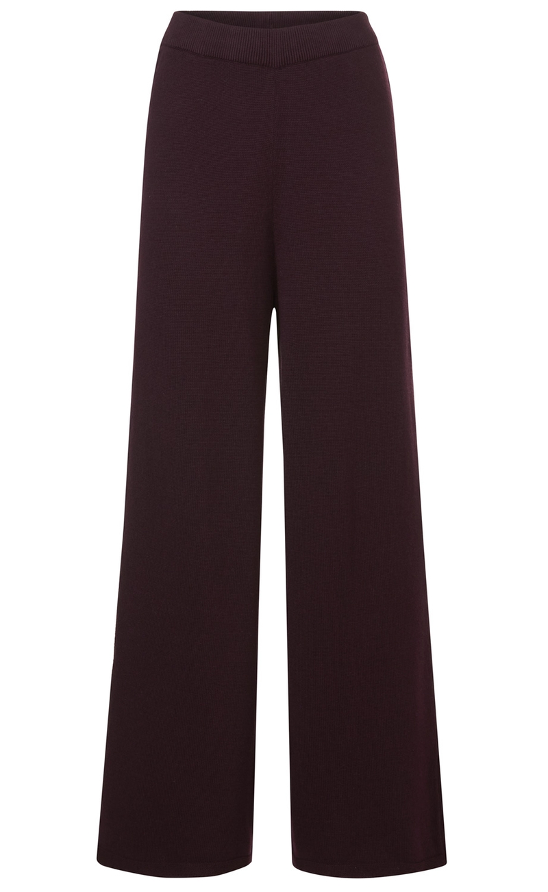 Dunkelviolette Baumwoll-Mix-Hose mit weitem Bein und elastischem Bund, ohne sichtbare Taschen oder Verzierungen, glatt gestrickt, lässiger Schnitt, knöchellang, schlichte Damenhose
