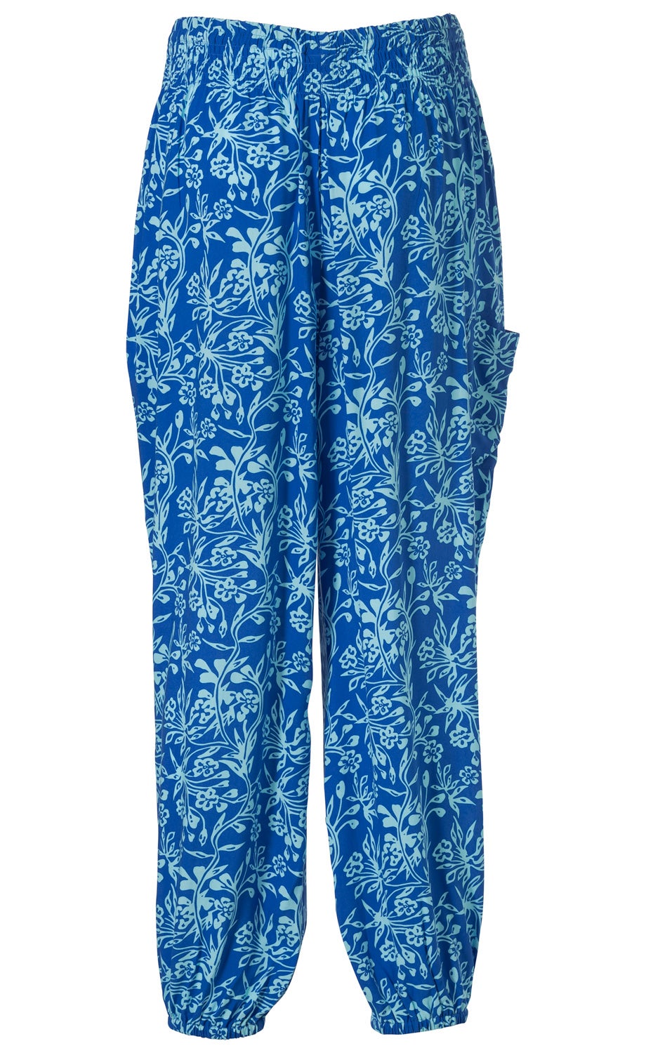 Viskose-Hose in Blau mit hellem floralen Muster, elastischem Bund und Bündchen, lockere Passform, seitliche Tasche, leichte und bequeme Beinbekleidung für Alltag und Freizeit