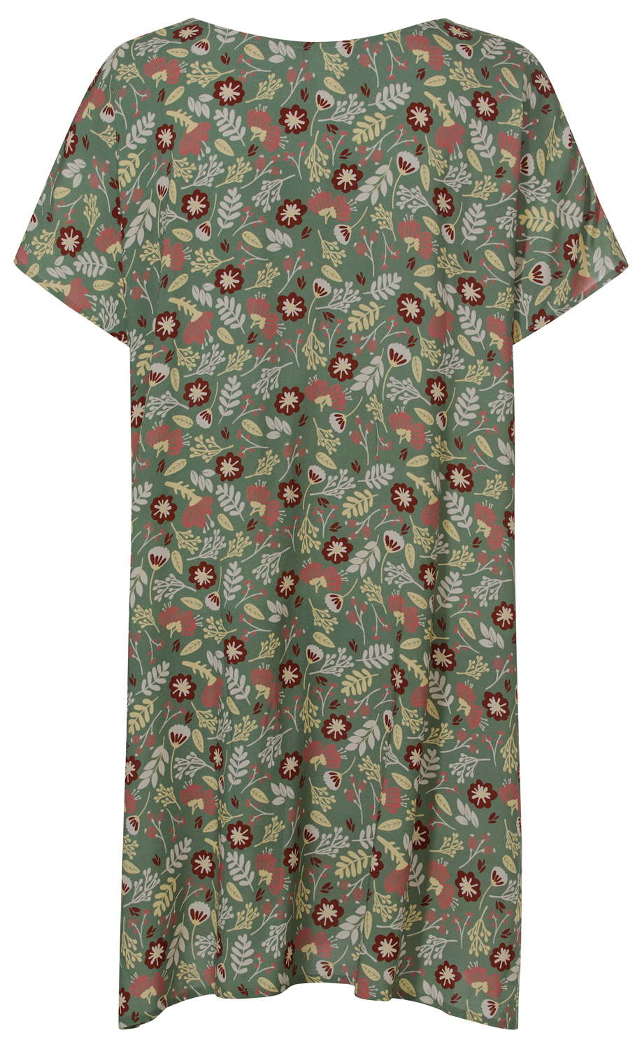 Viskose-Kaftan mit kurzen Ärmeln, grünem Grundton und floralen Mustern in Rot, Beige und Weiß, locker geschnitten, hinten dargestellt, leichter Fall, bequemes Design