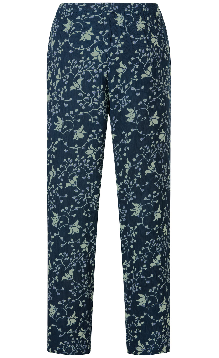 Dunkelblaue Viskose-Hose mit hellem floralen Muster, elastischem Bund, geradem Beinanschnitt, leicht strukturierter Oberfläche, legerer Passform, ohne sichtbare Taschen oder Verschlüsse.