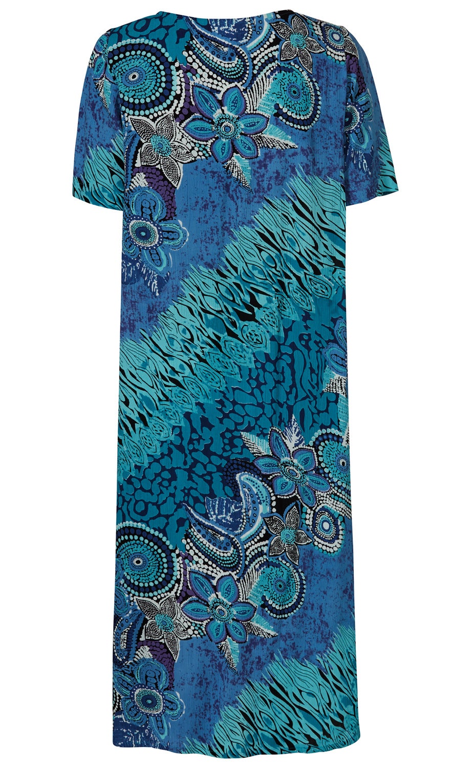 Viskose-Kleid mit kurzen Ärmeln, knie- bis wadenlang, in Blau- und Türkistönen mit floralem und abstraktem Muster, lockerer Schnitt, Ausschnitt gerade, leichter Stoff