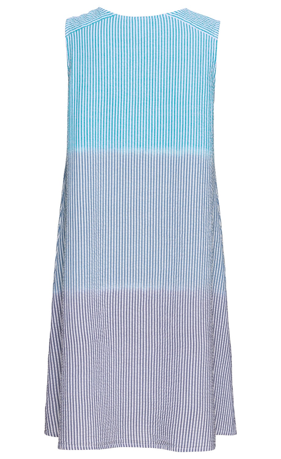 Baumwoll-Kleid in ärmellosem Design, mit vertikalen Streifen in Türkis, Hellblau und Dunkelblau, Rückenansicht, knielang, leichter Stoff, A-Linien-Schnitt