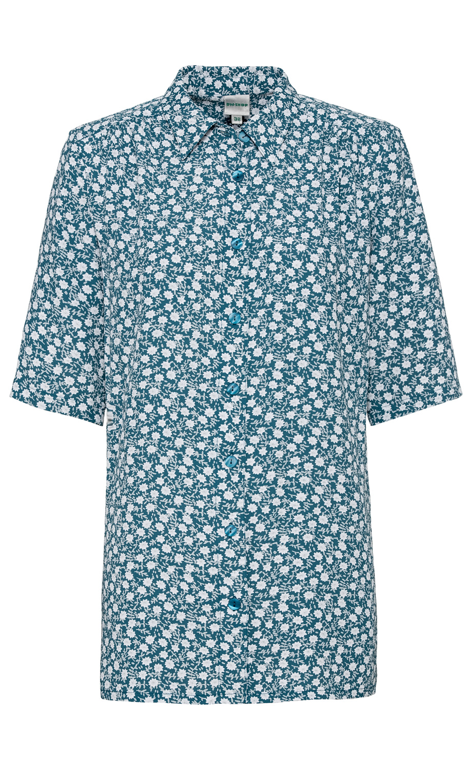 Viskose-Bluse mit kurzem Arm, türkisem Grund und weißem Blumenmuster, durchgehende Knopfleiste mit türkisen Knöpfen, spitzem Kragen, lockerer Schnitt
