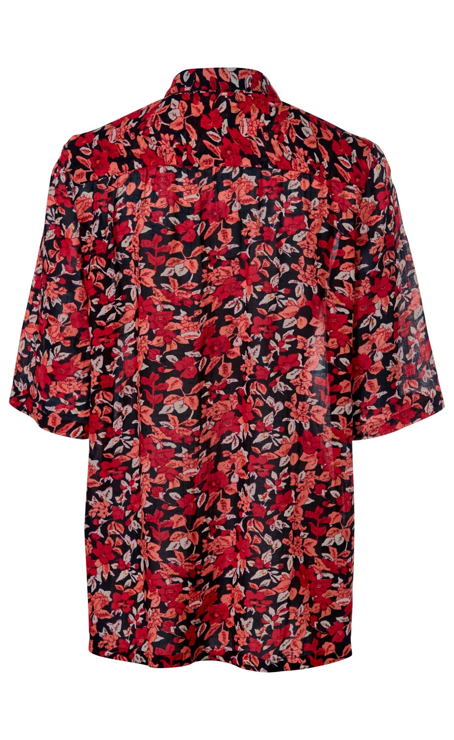 Viskose-Mix-Bluse, Rückansicht, kurzärmlig, schwarzer Hintergrund mit rotem und rosa floralem Muster, locker sitzend, leichter, transparenter Stoff, klassischer Kragen, sommerlich und elegant