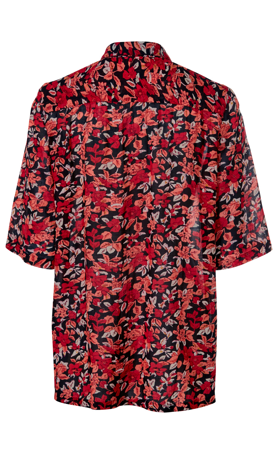 Viskose-Mix-Bluse, Rückansicht, kurzärmlig, schwarzer Hintergrund mit rotem und rosa floralem Muster, locker sitzend, leichter, transparenter Stoff, klassischer Kragen, sommerlich und elegant