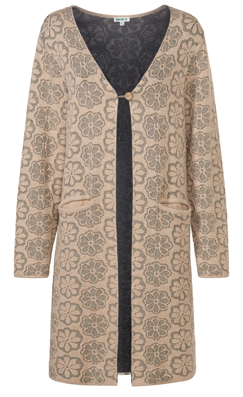 Baumwoll-Mix-Jacke beige mit floralem Muster, V-Ausschnitt, langärmlig, offener Schnitt mit einem Knopf vorne, zwei kleine Taschen, Innenfutter dunkelgrau, knielang, leichte Strickjacke