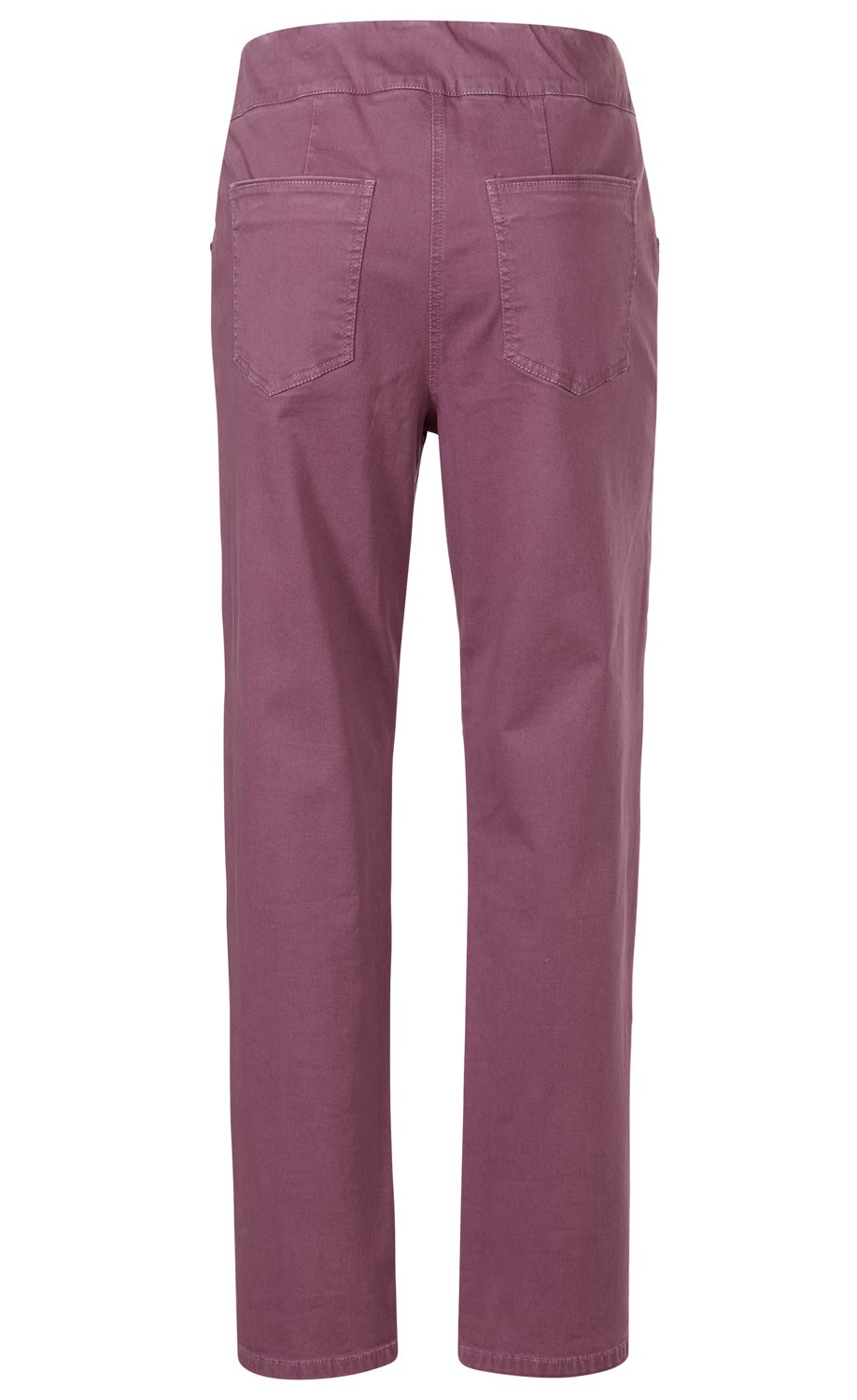 Baumwoll-Mix Hose in dunklem Lila, Rückansicht, gerade geschnitten, zwei aufgesetzte Gesäßtaschen, elastischer Bund ohne Verschluss, einfache Nahtführung, knöchellang.