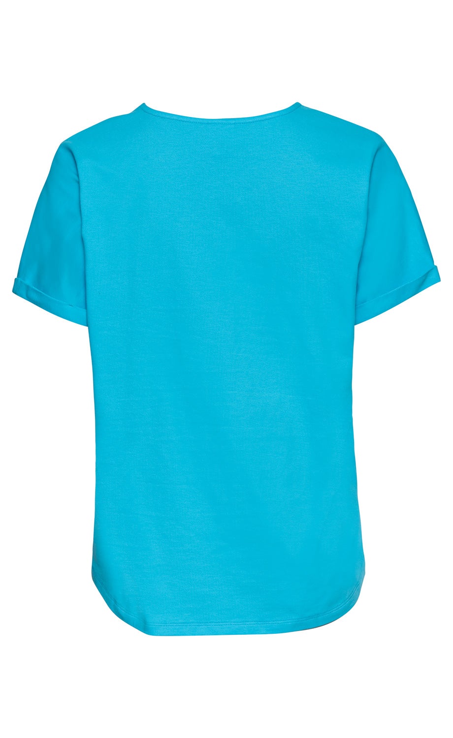 Rückansicht eines einfarbigen, türkisen Baumwoll-Mix-Shirts mit kurzen, umgeschlagenen Ärmeln und rundem Halsausschnitt auf weißem Hintergrund