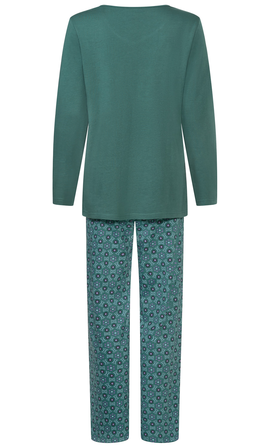 grüner Damen-Pyjama mit langärmligem Oberteil und gemusterten, locker sitzenden Hosen mit floralem und geometrischem Muster in verschiedenen Grüntönen und violetten Akzenten, Rückansicht