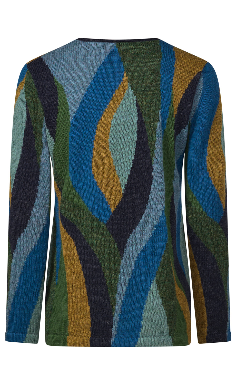 bunter Damenpullover mit gebogenen Streifen in Blau, Grün, Senfgelb und Dunkelgrau, langärmlig, gestrickt, Rückseite sichtbar, Rundhalsausschnitt, tailliert, grobe Strickstruktur