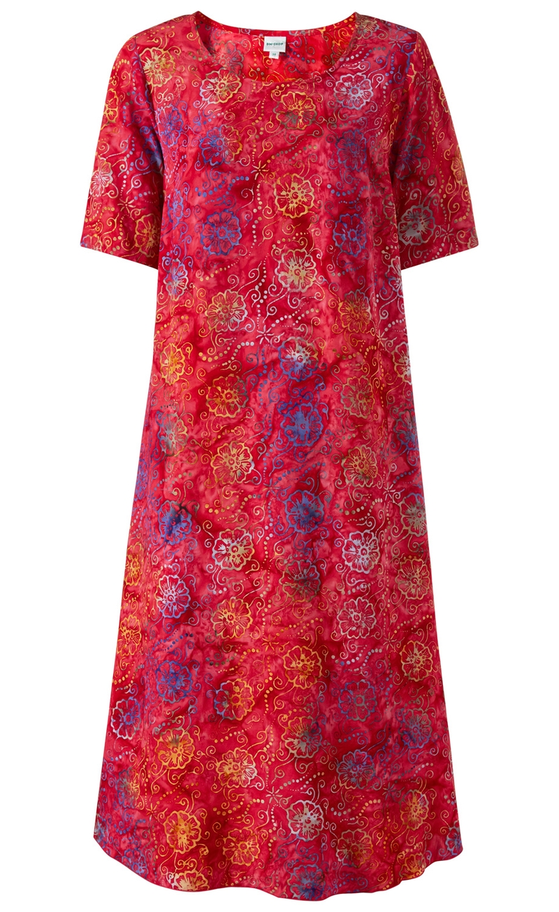 Rotes Viskose-Kleid mit halblangen Ärmeln, weiter Schnitt, rundem Ausschnitt, floralem Muster in Gelb, Blau und Weiß