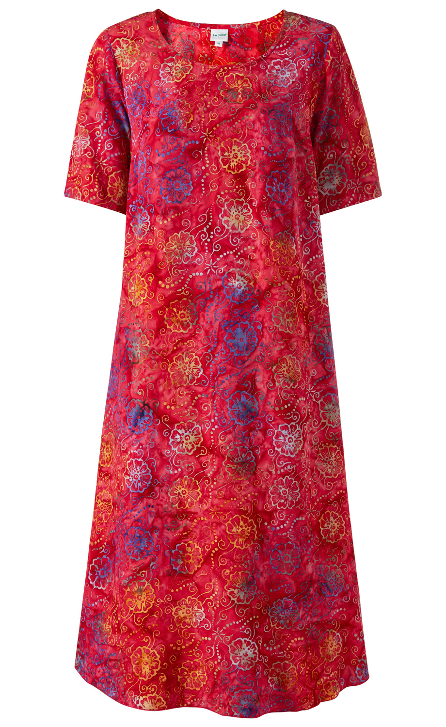 Rotes Viskose-Kleid mit halblangen Ärmeln, weiter Schnitt, rundem Ausschnitt, floralem Muster in Gelb, Blau und Weiß