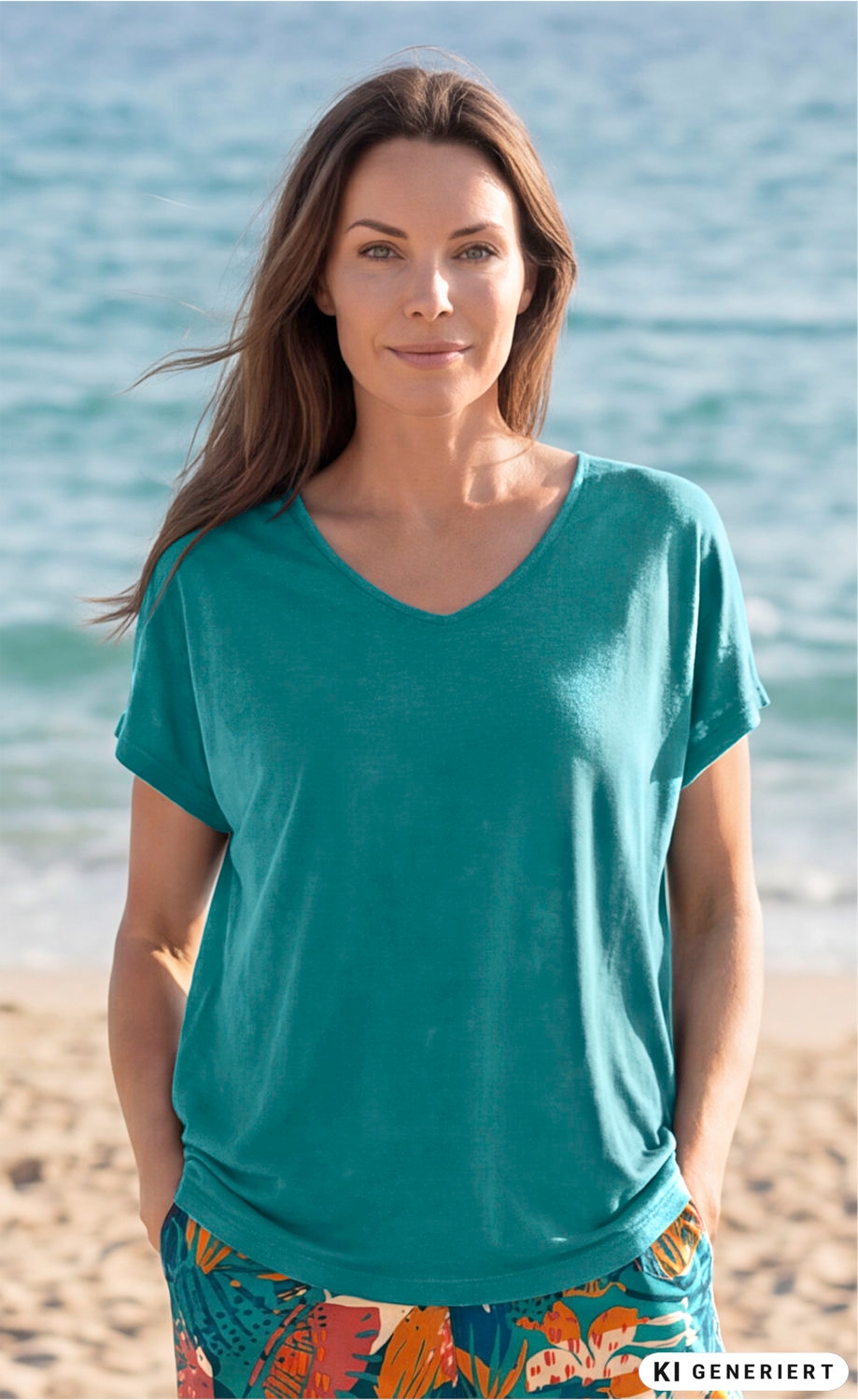 Frau am Strand trägt hellblaues Viskose-Shirt mit V-Ausschnitt und kurze Ärmel, kombiniert mit bunten Shorts in tropischem Muster, im Hintergrund Meer und Sand sichtbar