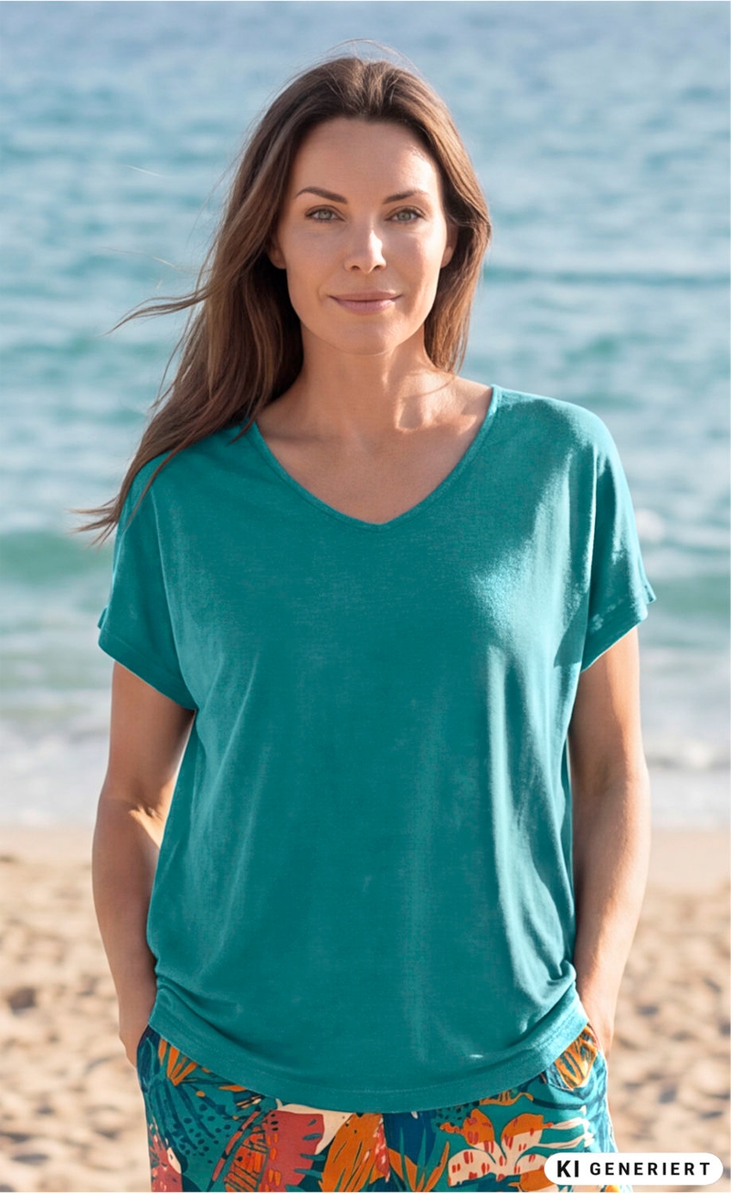 Frau am Strand trägt hellblaues Viskose-Shirt mit V-Ausschnitt und kurze Ärmel, kombiniert mit bunten Shorts in tropischem Muster, im Hintergrund Meer und Sand sichtbar