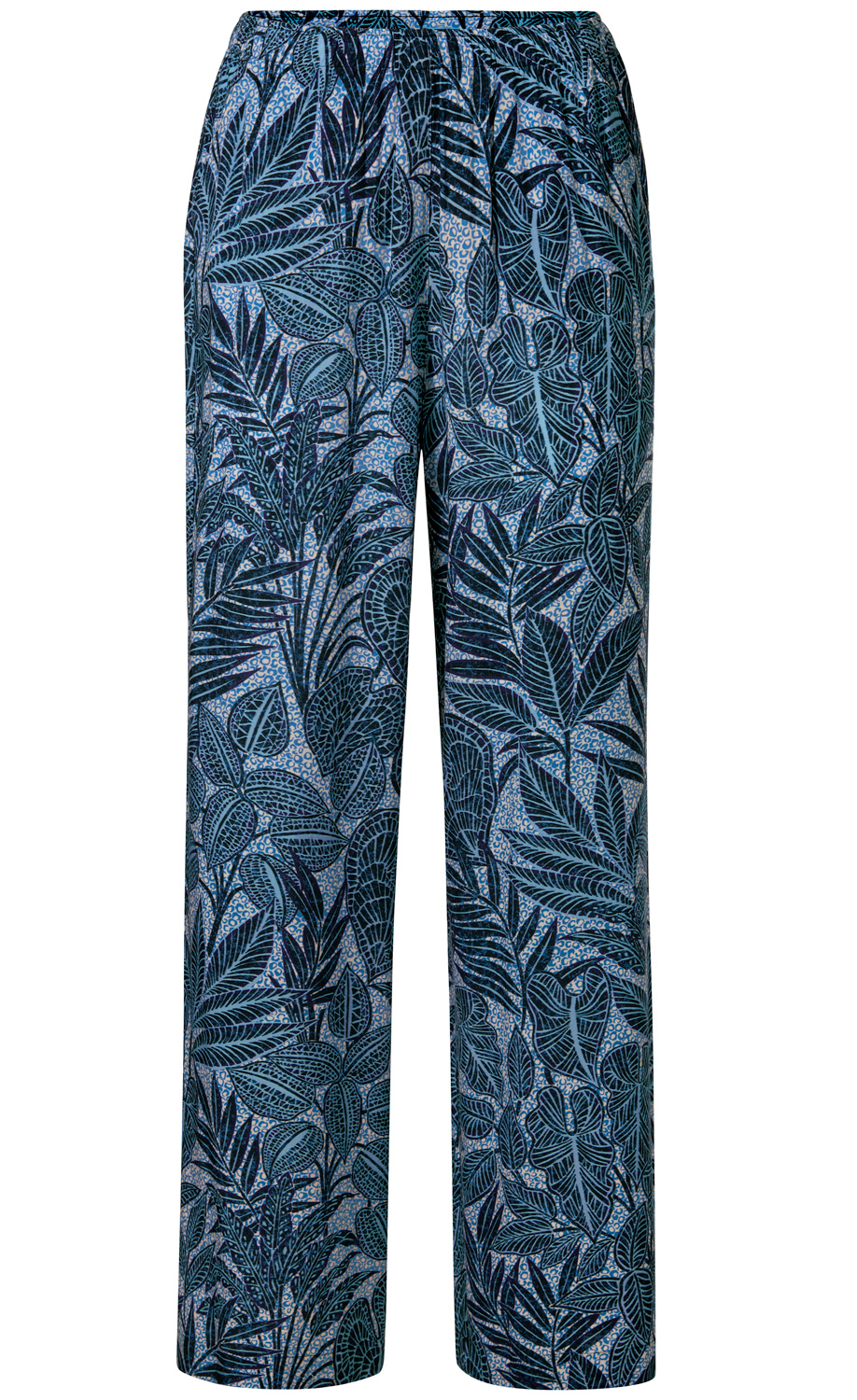 Viskose-Hose mit elastischem Bund, geradem Schnitt, blauem Hintergrund und dunkelblauem, detailliertem Blattmuster in verschiedenen Formen und Größen