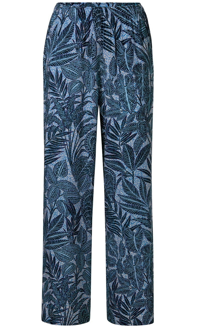 Viskose-Hose mit elastischem Bund, geradem Schnitt, blauem Hintergrund und dunkelblauem, detailliertem Blattmuster in verschiedenen Formen und Größen
