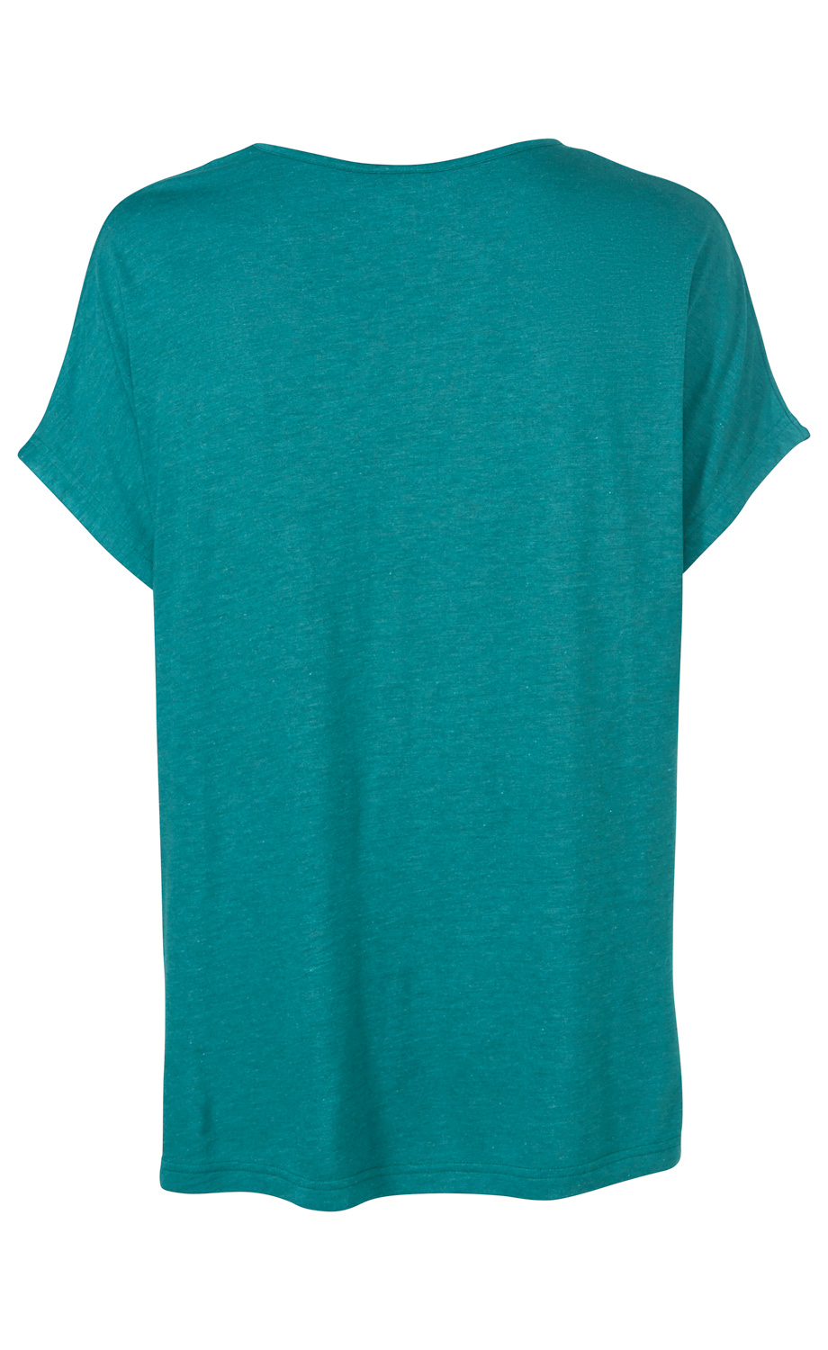 Rückansicht eines petrolfarbenen Viskose-Shirts mit kurzem Ärmel und rundem Halsausschnitt, schlicht und ohne Muster, locker geschnitten.