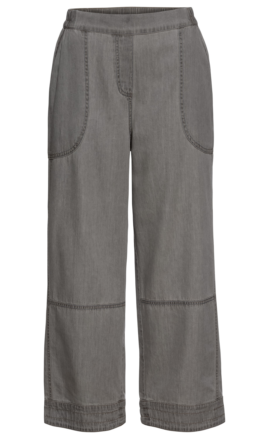 Graue Baumwoll-Hose mit weitem Bein, elastischem Bund, großen aufgesetzten Seitentaschen und sichtbaren Nähten an Gesäß, Kniehöhe und Saum, lässiger Schnitt, knöchellang.