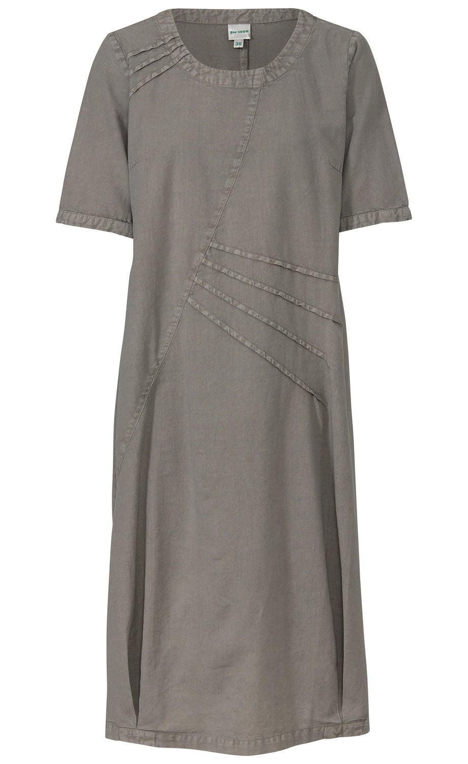 Baumwoll-Mix-Kleid in Grau, knielang, mit Rundhalsausschnitt, kurzen Ärmeln, diagonalen Ziernähten auf der Vorderseite, leicht taillierte Form und schlichter Saumabschluss.