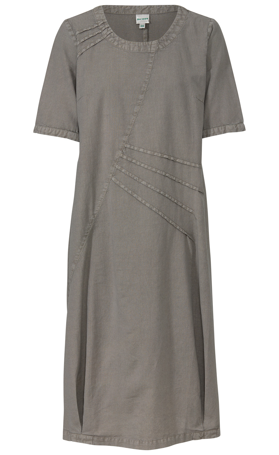 Baumwoll-Mix-Kleid in Grau, knielang, mit Rundhalsausschnitt, kurzen Ärmeln, diagonalen Ziernähten auf der Vorderseite, leicht taillierte Form und schlichter Saumabschluss.