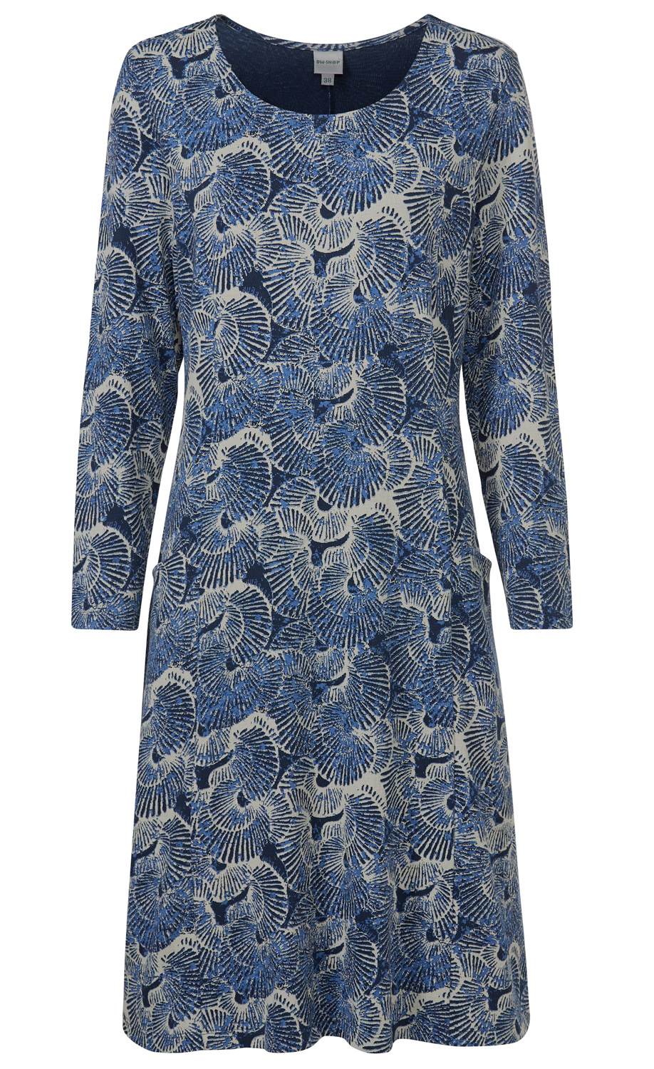 Blau-beiges Baumwollkleid mit Muschel- und Fischschuppenmuster, 3/4-Ärmel, Rundhalsausschnitt, leicht ausgestellt, seitliche Eingrifftaschen, Größe 38, lässiger Schnitt