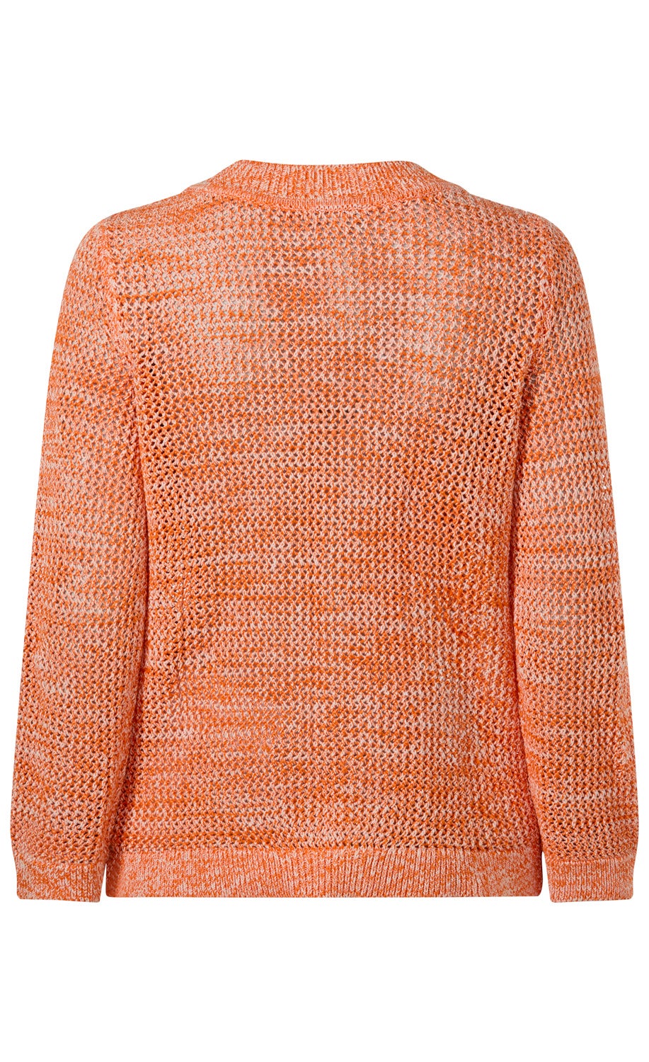 Rückansicht einer orange-weißen Baumwoll-Strickjacke mit feinem, lockerem Maschenmuster, langem Arm und rundem Halsausschnitt, gerade geschnitten.