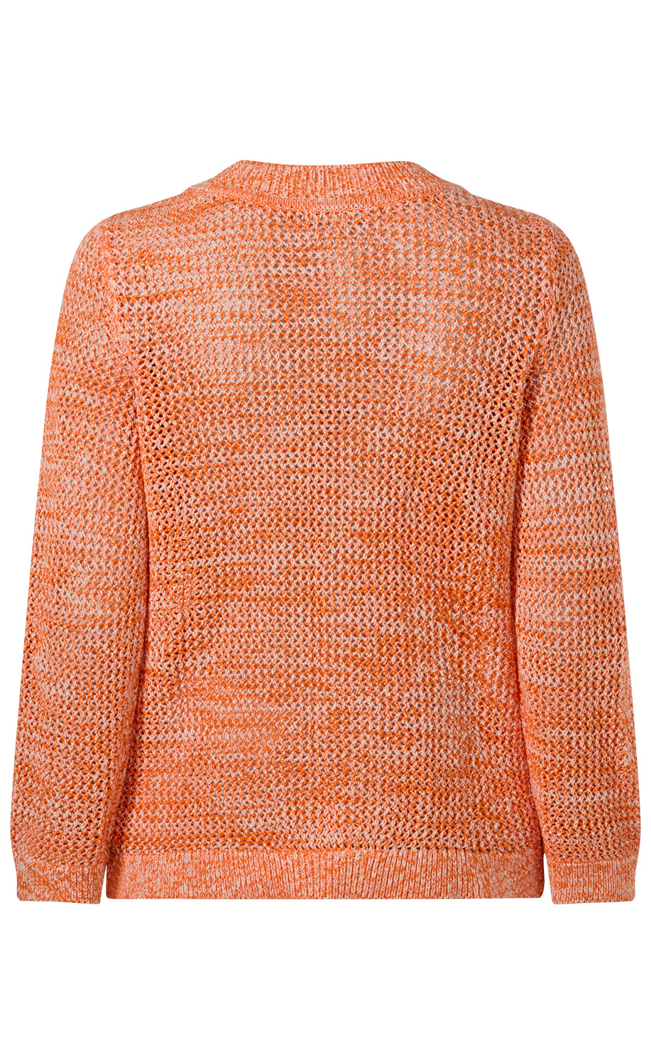 Rückansicht einer orange-weißen Baumwoll-Strickjacke mit feinem, lockerem Maschenmuster, langem Arm und rundem Halsausschnitt, gerade geschnitten.