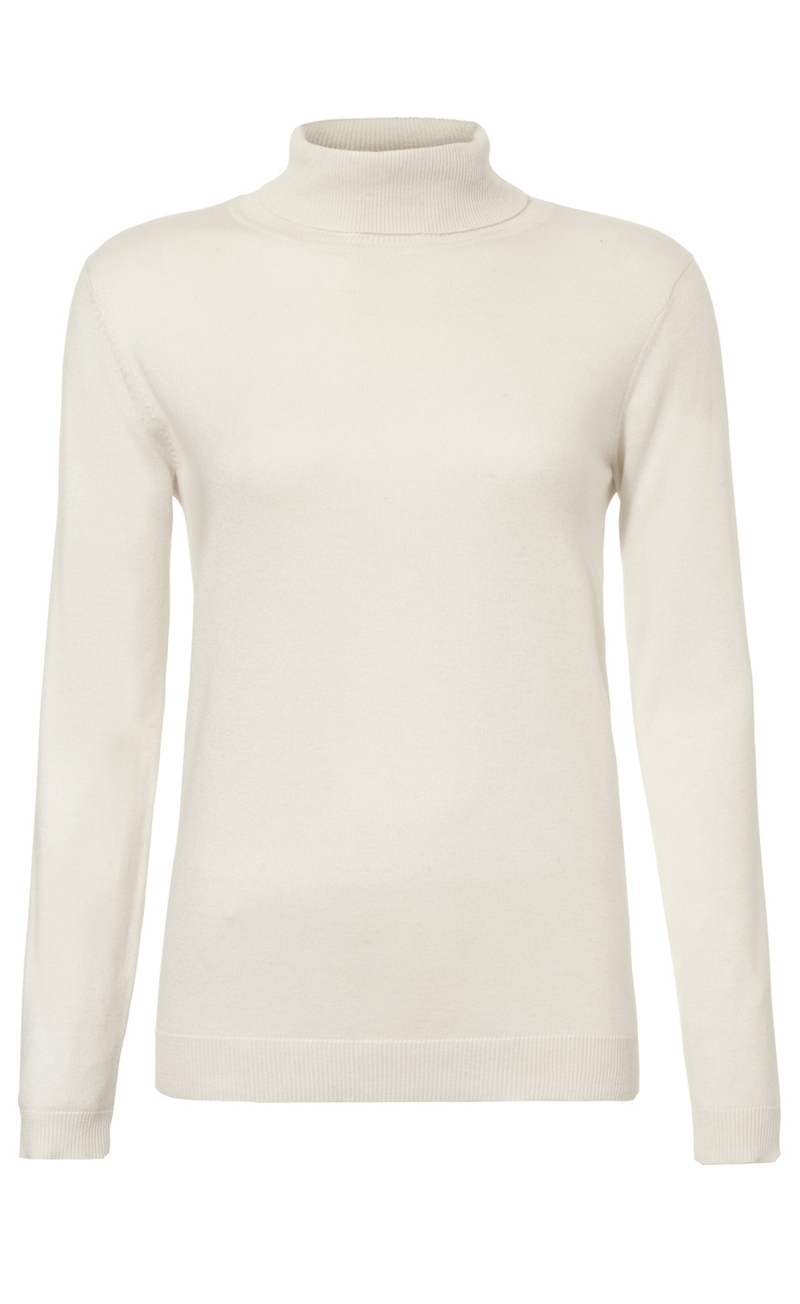 Baumwoll-Pullover mit Rollkragen, langärmlig, in weiß, schlichte und elegante Ausführung, feine Strickstruktur, elastische Bündchen an Ärmeln und Saum
