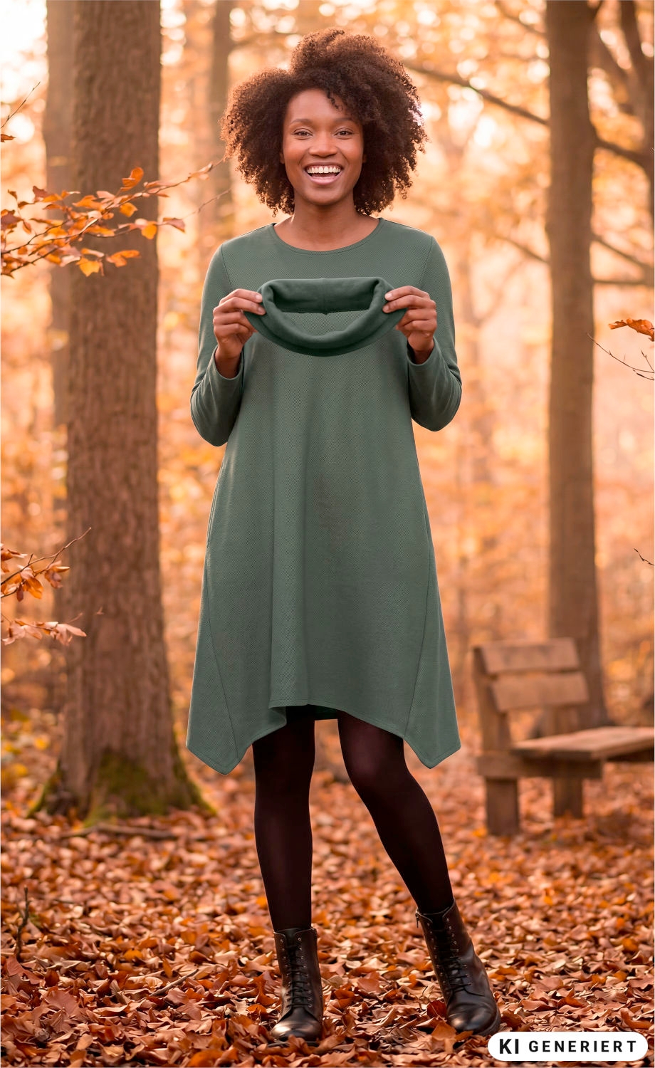 Frau im grünen Baumwoll-Kleid steht lächelnd im Wald voller Herbstlaub, hält grünes Kleidungsstück in den Händen, trägt schwarze Strumpfhose und schwarze Stiefeletten, Hintergrund mit Baumstämmen und Holzbank