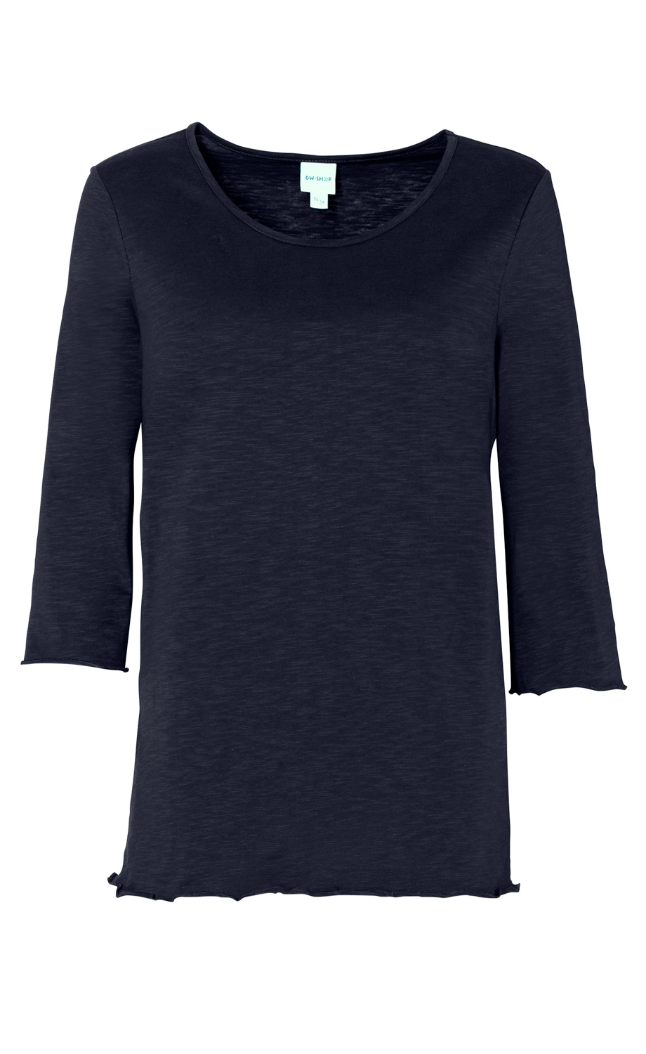 dunkelblaues Baumwoll-Shirt mit 3/4-Ärmeln und Rundhalsausschnitt, gewellter Saum an Ärmeln und Bund, schlichte Optik, kleines Etikett im Nackenbereich sichtbar