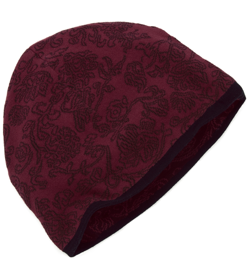 bordeauxrote Baumwoll-Mütze mit schwarzem floralen Muster und schwarzem Saumabschluss, leichte Struktur, flache, eng anliegende Passform
