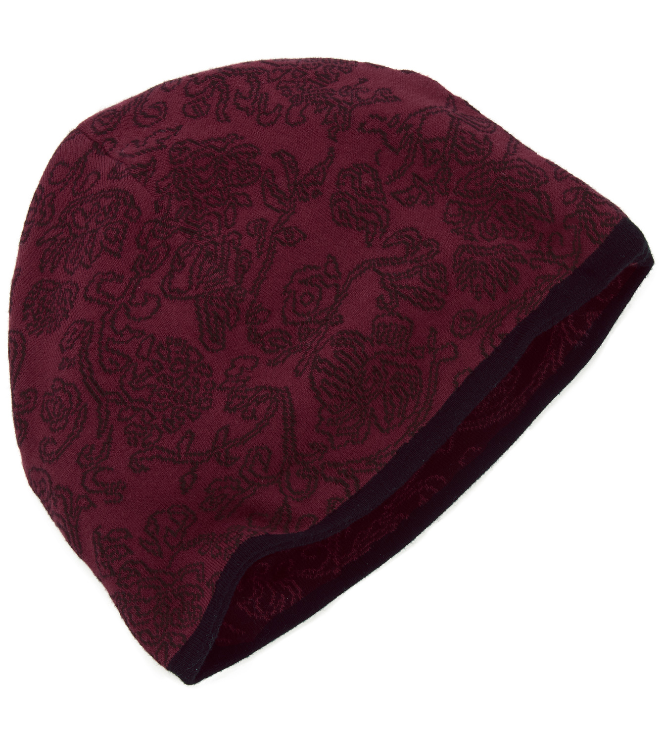 bordeauxrote Baumwoll-Mütze mit schwarzem floralen Muster und schwarzem Saumabschluss, leichte Struktur, flache, eng anliegende Passform