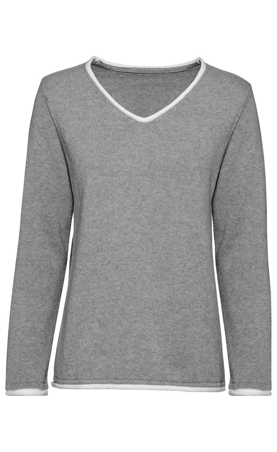 grauer Baumwoll-Pullover mit V-Ausschnitt, langen Ärmeln und weißen Bündchen an Hals, Ärmeln und Saum, schlichter Stil, feine Struktur