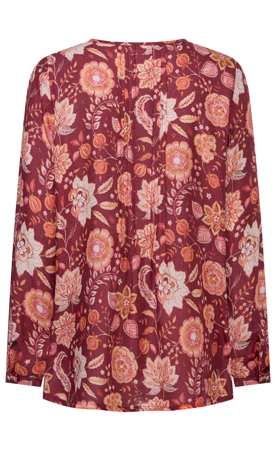 Damenbluse mit langem Arm, bordeauxrotem Grund und floralem Muster in Orange, Rosa und Creme, mit Knopfmanschetten und feinen, vertikalen Nähten auf der Rückseite