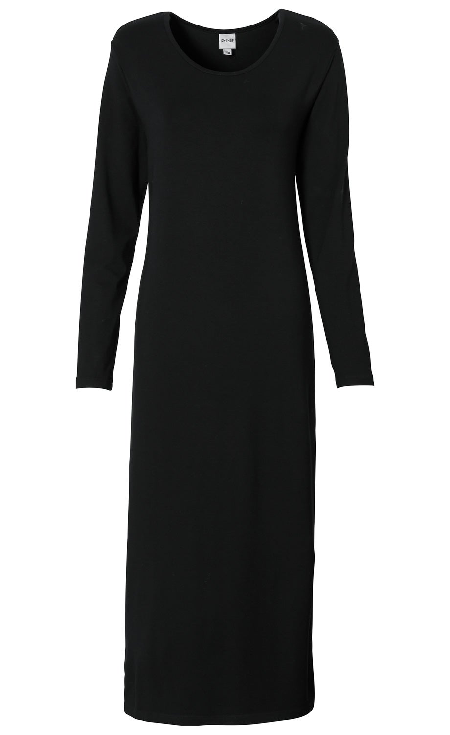 Schwarzes Viskose-Mix-Kleid mit langen Ärmeln, rundem Ausschnitt und knöchellangem, schmalem Schnitt