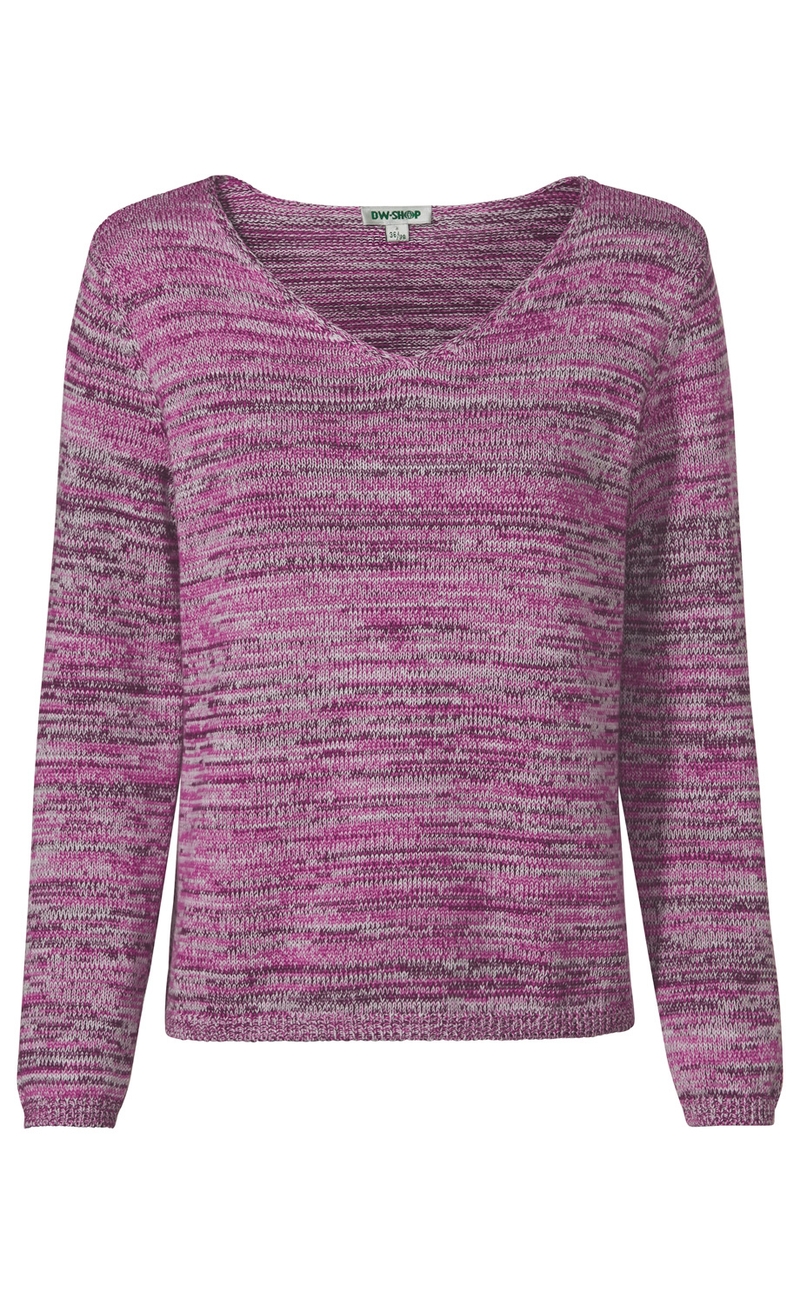Baumwoll-Pullover mit V-Ausschnitt, langärmlig, in Melange-Optik aus verschiedenen Pink- und Lilatönen, gerippte Bündchen am Ärmelende und Saum, locker gestrickt, sportlich und komfortabel.