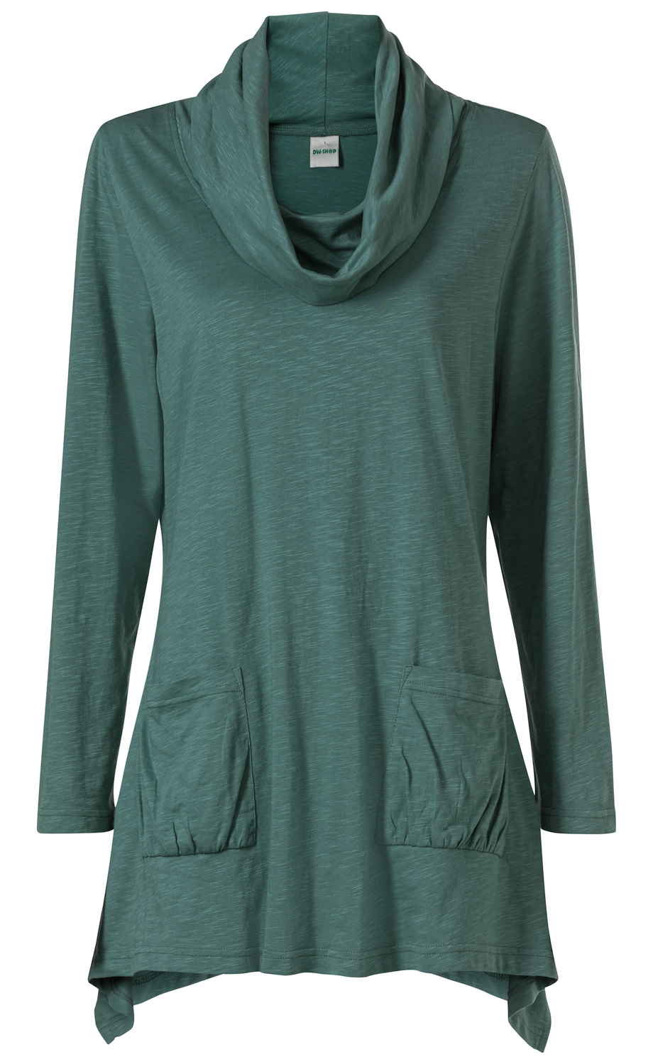 grünes Baumwoll-Shirt mit langem Arm, lockerem Rollkragen, zwei aufgesetzten Taschen vorne, leicht asymmetrischem Saum, weicher, leicht melierter Stoff