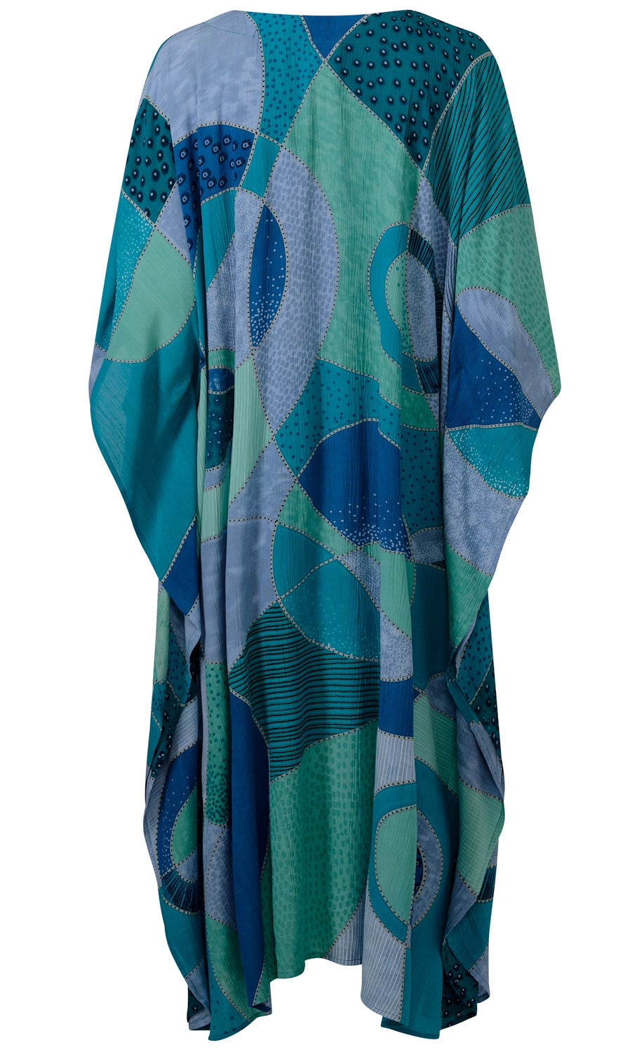 Viskose-Kaftan mit weitem Schnitt, in abstraktem Muster aus verschiedenen Blautönen und Grün, mit geometrischen Formen und Punkten, Rückansicht, leichte, fließende Textur