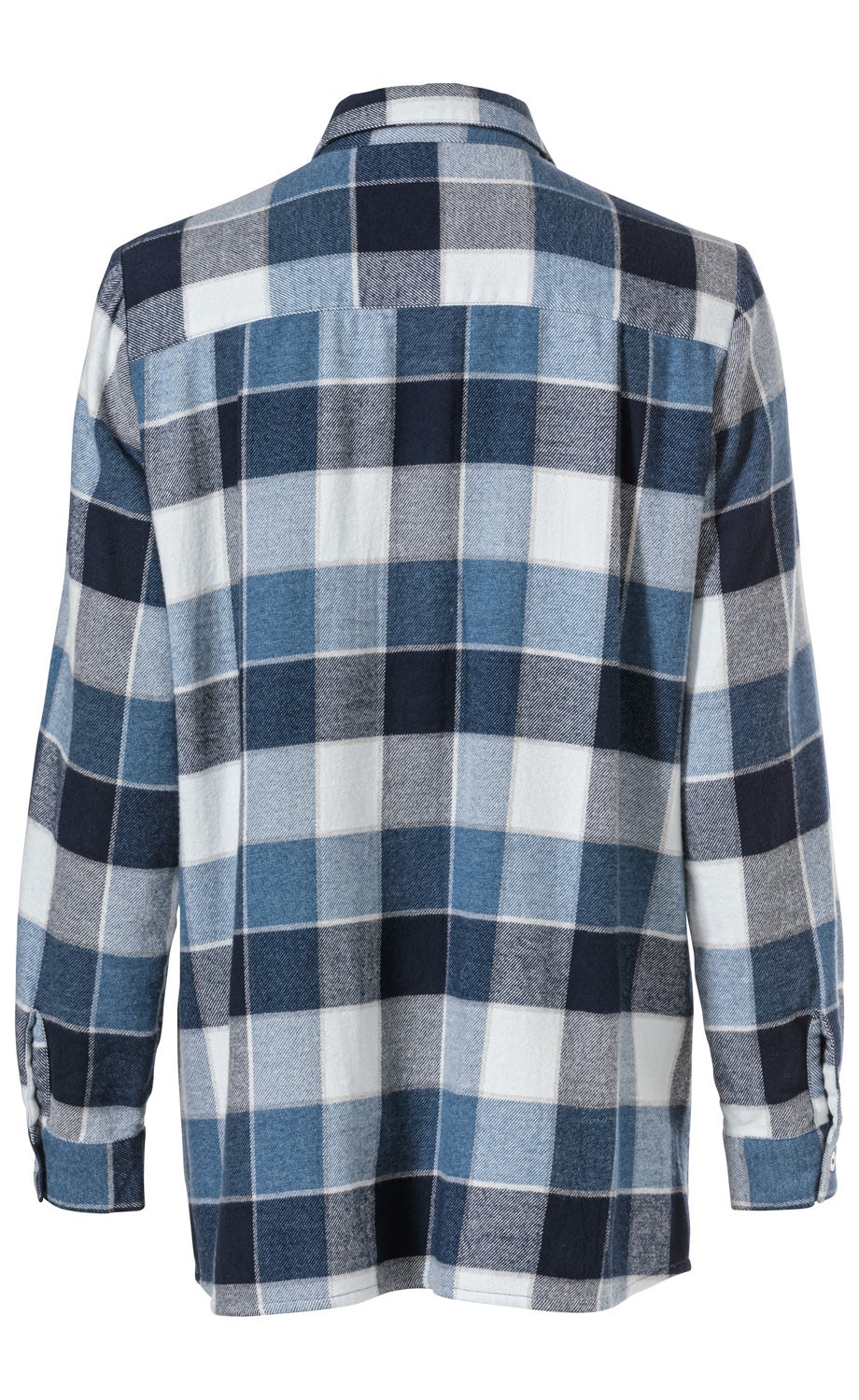 Rückansicht einer langärmligen Baumwoll-Bluse mit kariertem Muster in Blau-, Weiß- und Grautönen, mit Hemdkragen und Knopfmanschetten.